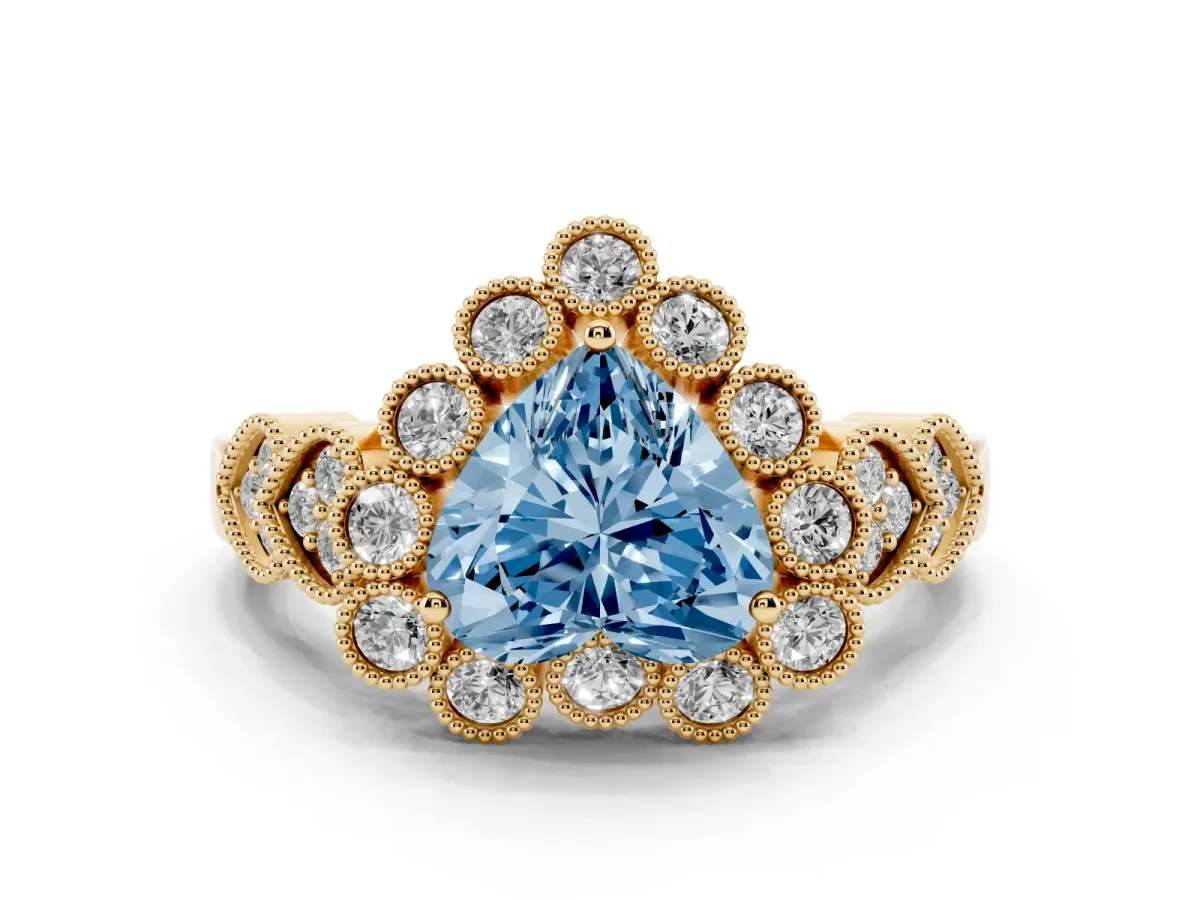 Fancy Blue Heart Cut Brilliant Milgrain Pave Heart Band Solitaire Ring Yellow gold