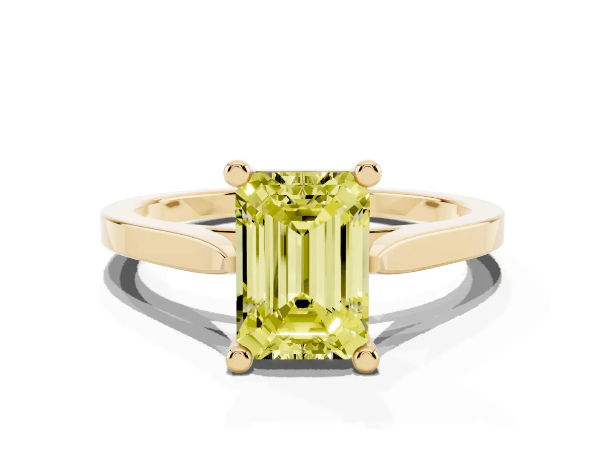 Fancy Yellow Emerald Cut Solitaire Diamond Ring with Four-Prong Setting and Tapered Band Yellow gold