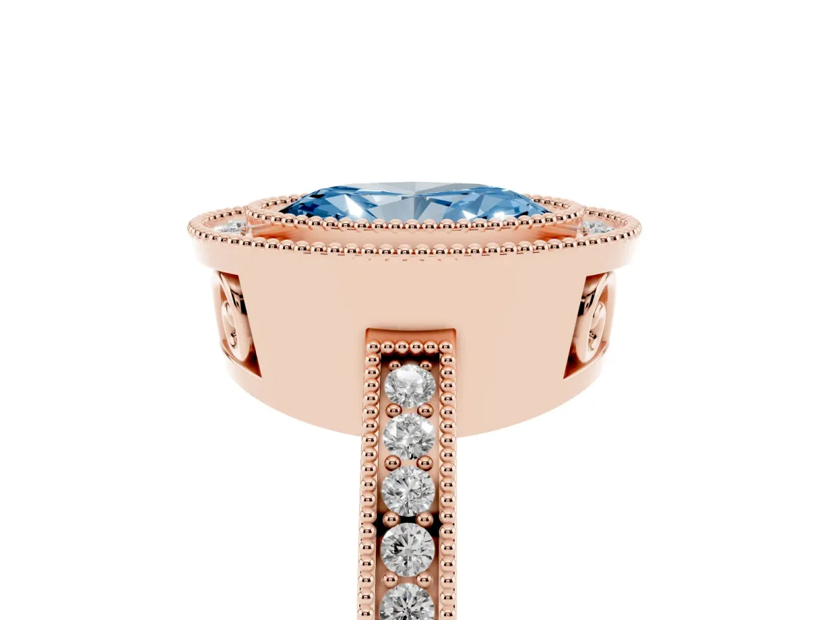 Fancy Blue Oval Cut Cut Halo Diamond Ring with Pavé Band and Milgrain Prong Setting Rose gold