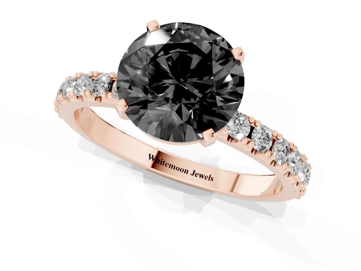 Fancy Black Round Cut Diamond Solitaire Pavé Band with Four-Prong Setting Rose gold