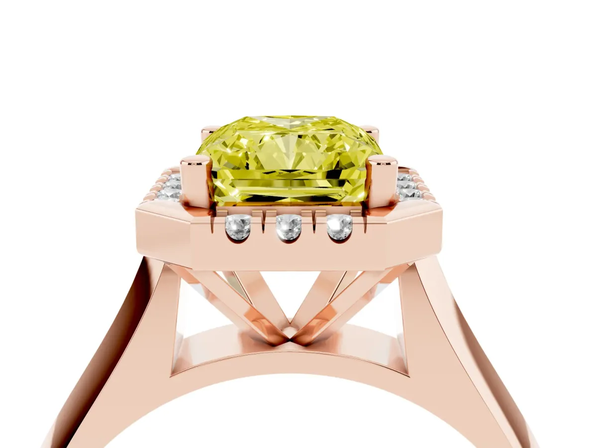 Fancy Yellow Radiant Cut Cut Halo Solitaire Engagement Ring with Square Band and Four-Prong Setting Rose gold