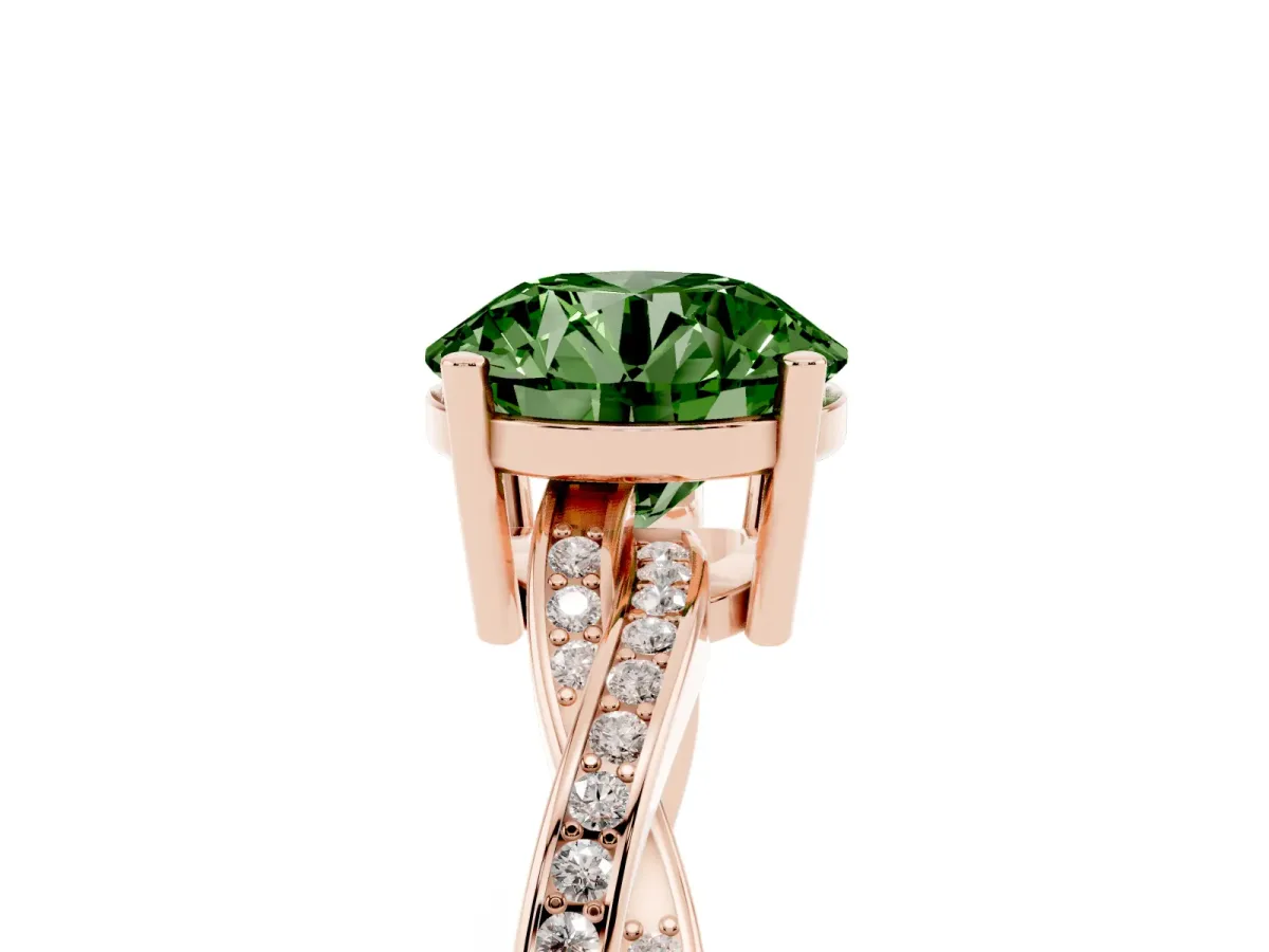 Fancy Green Round Cut Solitaire Twisted Pave Diamond Ring with Four-Prong Setting Rose gold