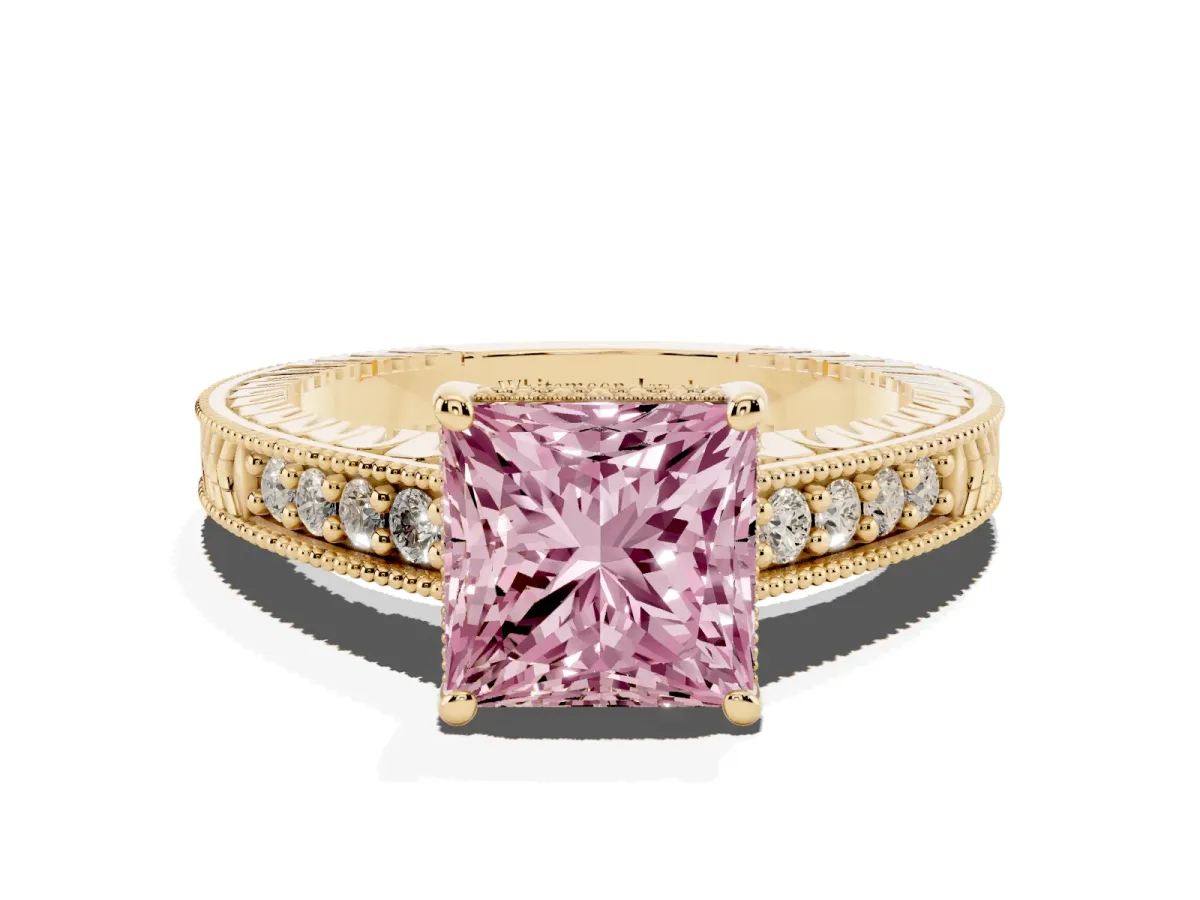 Fancy Pink Princess Cut Solitaire Pavé Diamond Milgrain Engagement Ring with Four-Prong Setting Yellow gold