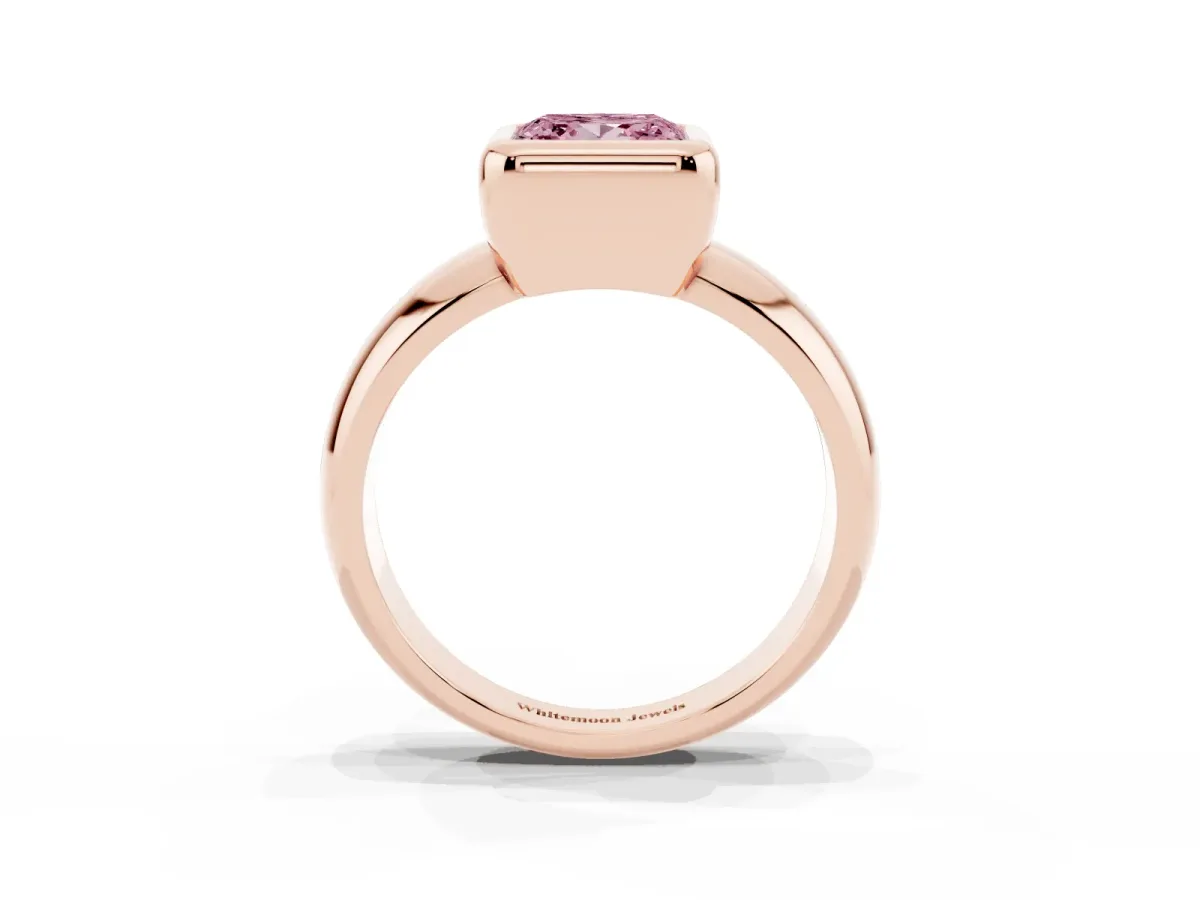 Fancy Pink Bezel Set Princess Cut Solitaire Ring with Wide Band Rose gold