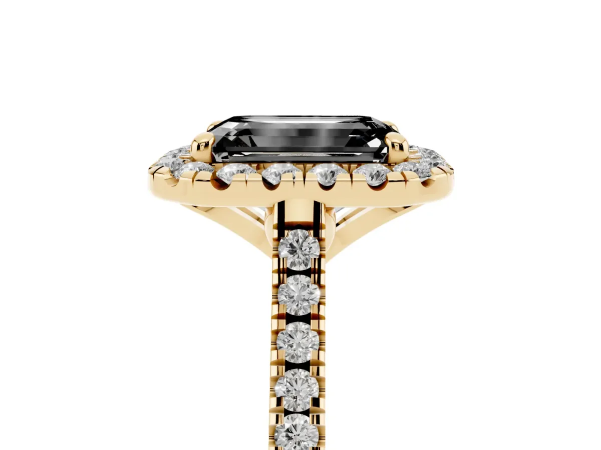 Fancy Black Emerald Cut Diamond Cushion Halo Ring with Pavé Band Yellow gold