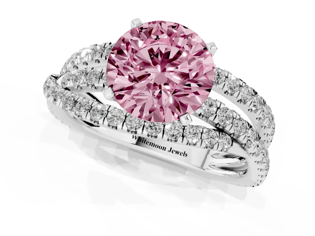 Fancy Pink Round Cut Solitaire Twist Band with Pavé Setting and Four-Prong Setting Silver