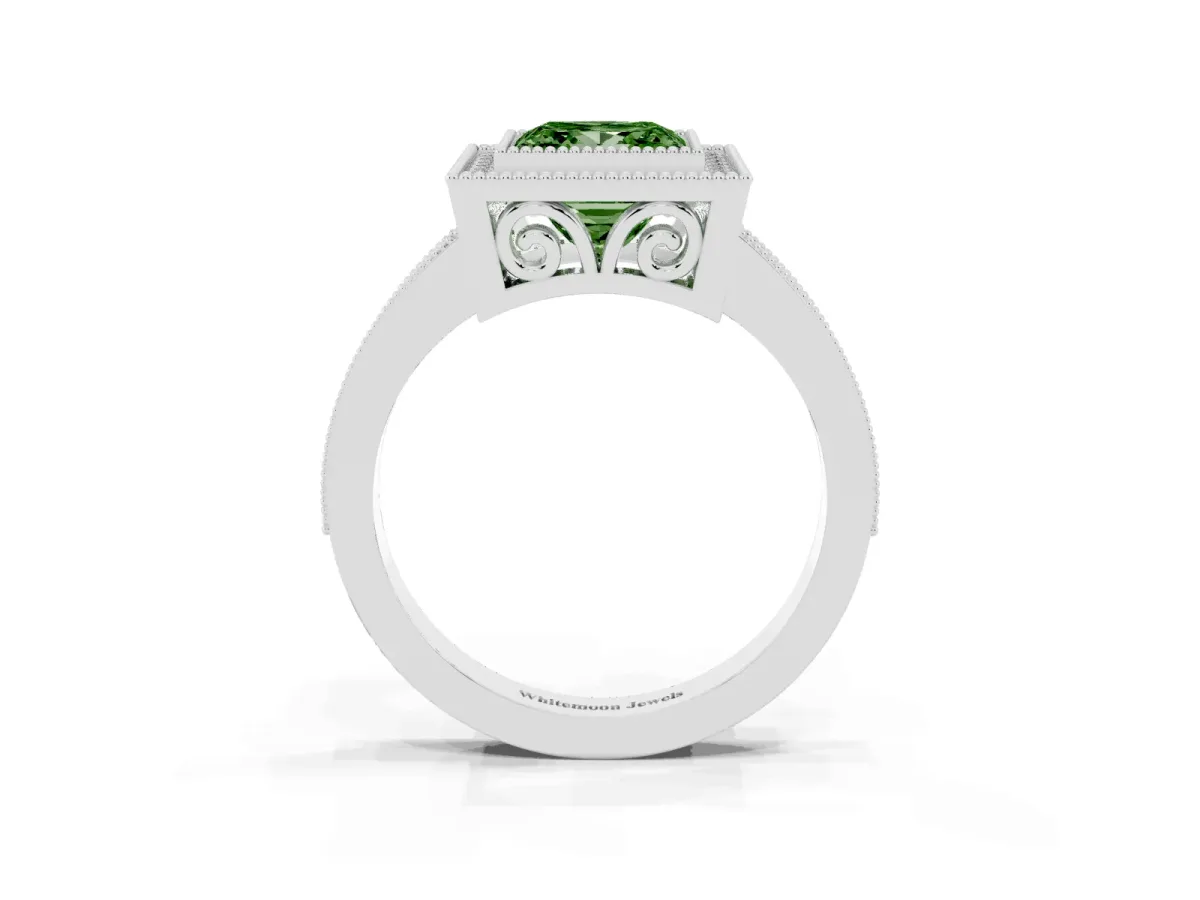 Fancy Green Princess Cut Cut Halo Diamond Ring with Pavé Band and Milgrain Prong Setting Platinum