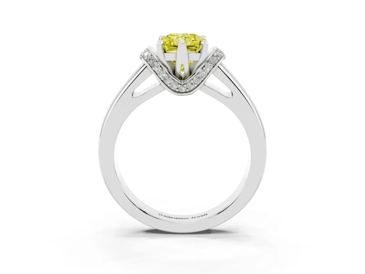 Fancy Yellow Radiant Cut Solitaire Diamond Ring with Pave Band and Six-Prong Setting Platinum
