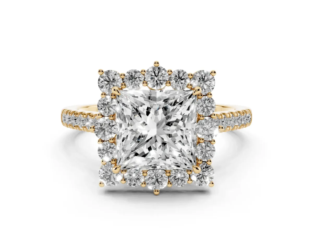 Princess Cut Halo Diamond Ring with Pavé Band and Prong Setting Yellow gold