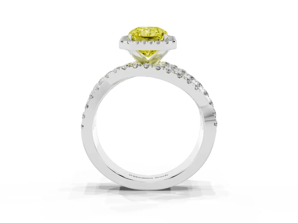 Fancy Yellow Radiant Cut Diamond Halo Ring with Round Split Shank and Prong Setting Silver