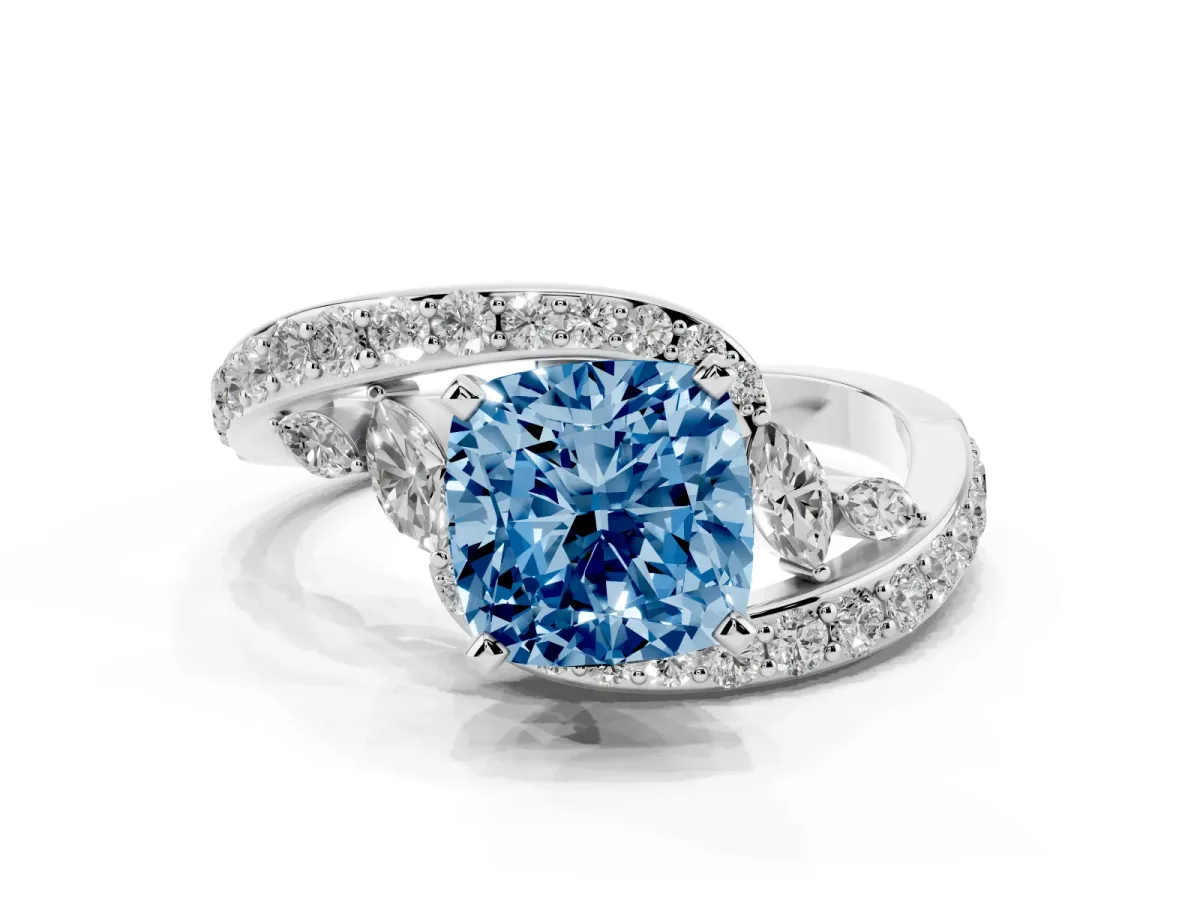 Fancy Blue Cushion Cut Diamond Solitaire Ring with Filigree Band and Four-Prong Setting Silver