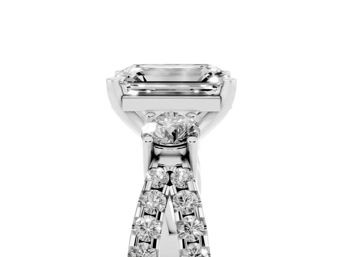 Emerald Cut Diamond Three-Stone Ring with Pavé Split Shank and Four-Prong Setting Silver