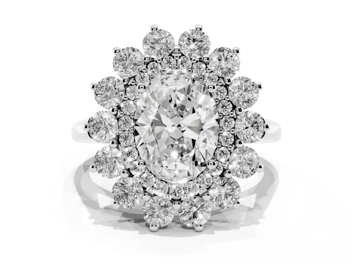 Oval Cut Diamond Floral Double Halo Engagement Ring with Prong Setting Silver