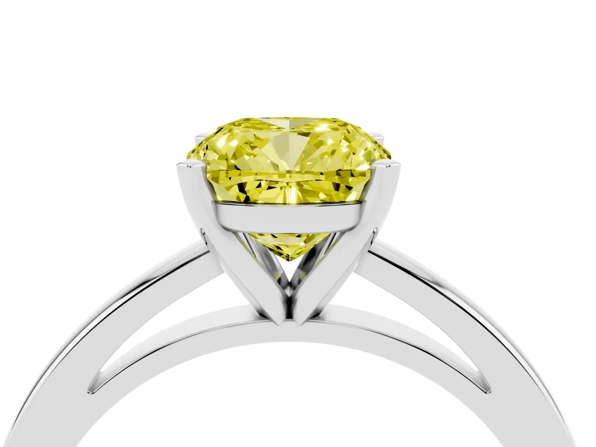 Fancy Yellow Cushion Cut Solitaire Diamond Engagement Ring with Four-Prong Setting on a Classic Band Silver