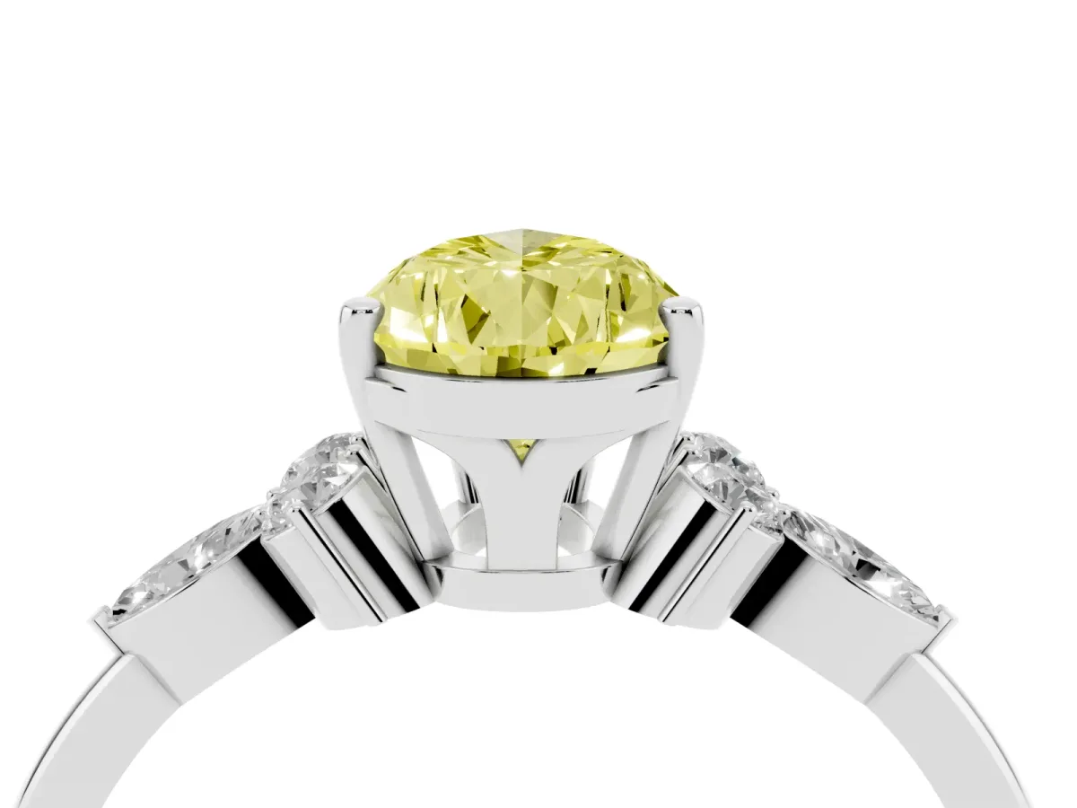 Fancy Yellow Pear Cut Brilliant Diamond Solitaire Ring with Pear Side Stones and Four-Prong Setting Silver