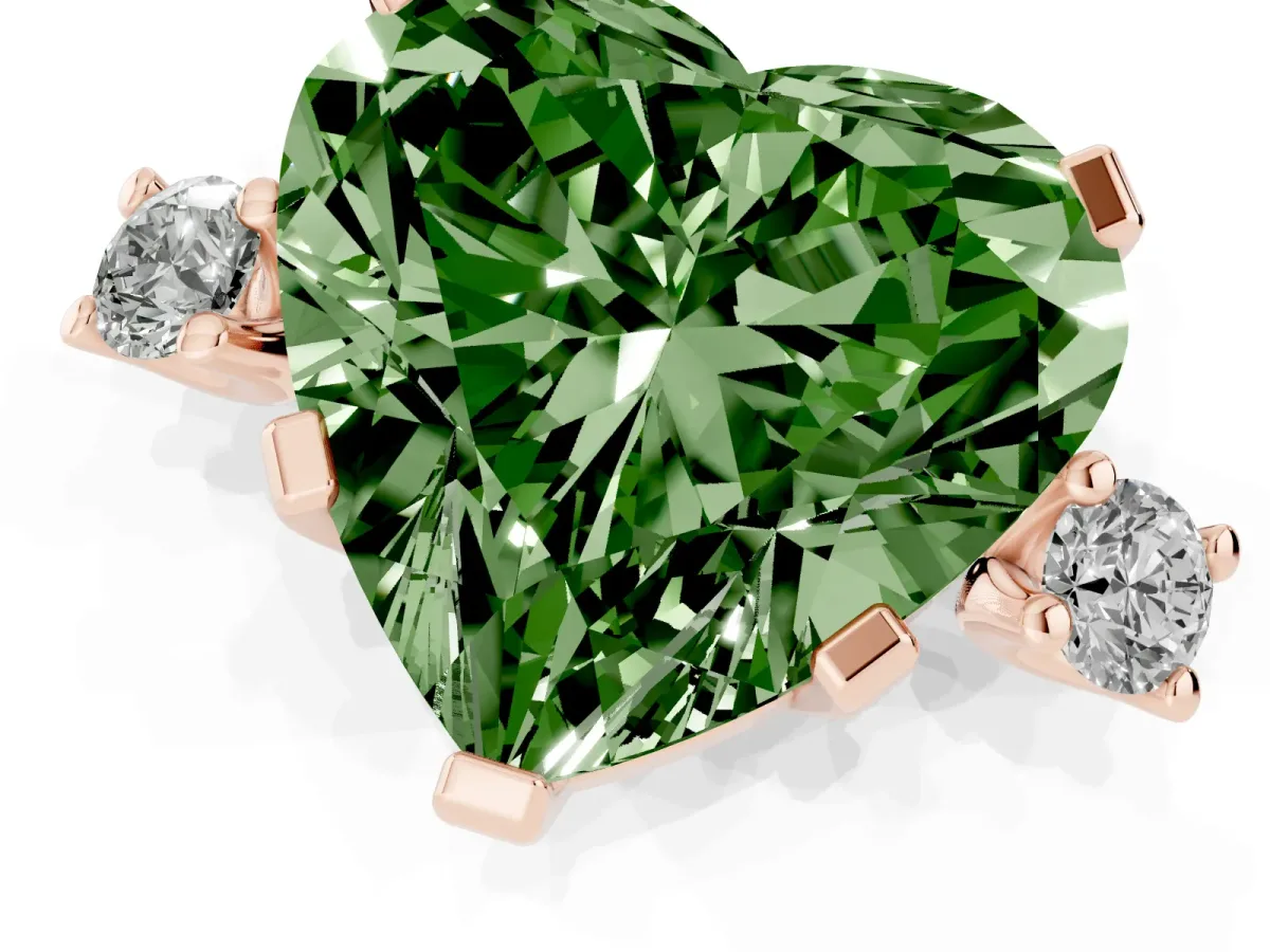 Fancy Green Heart Cut Cut Three-Stone Solitaire Ring with Round Accent Diamonds and Four-Prong Setting Rose gold