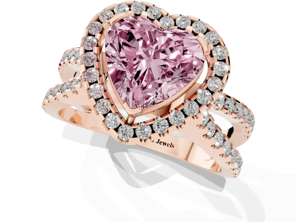 Fancy Pink Heart Cut Diamond Halo Ring with Split Shank Pavé Band and Prong Setting Rose gold