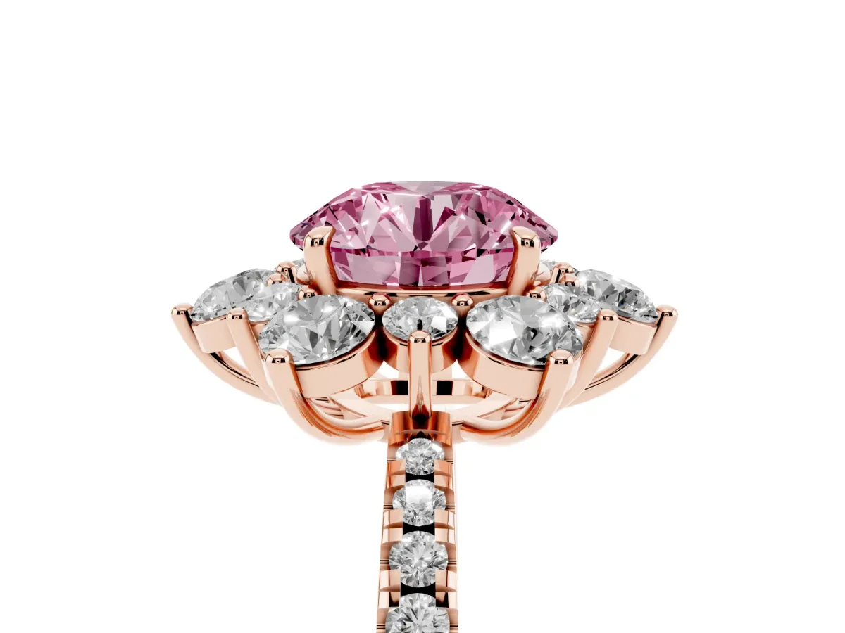 Fancy Pink Round Cut Diamond Floral Halo Ring with Round Pavé Band and Prong Setting Rose gold