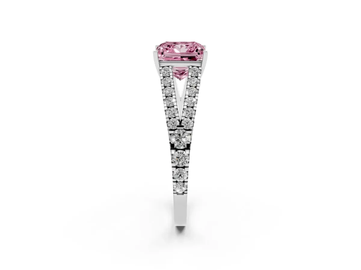Fancy Pink Princess Cut Diamond Split Shank Engagement Ring with Round Pavé and Prong Setting Silver