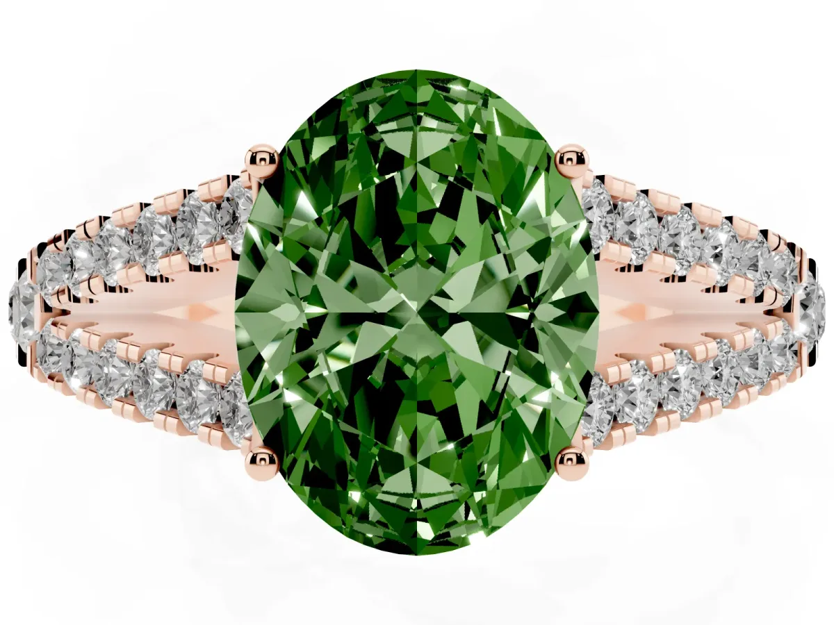 Fancy Green Oval Cut Diamond Split Shank Pavé Engagement Ring with Four-Prong Setting Rose gold