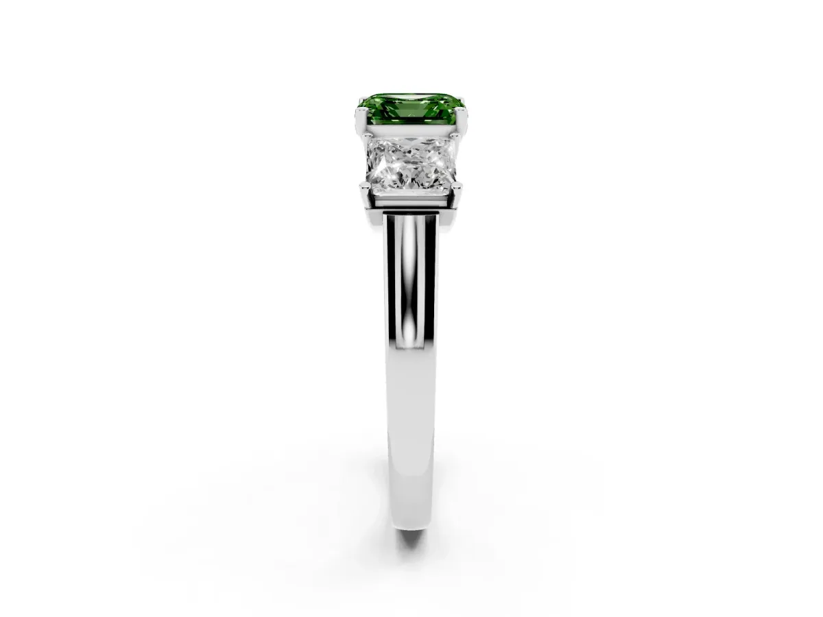Fancy Green Three-Stone Asscher Cut Brilliant Diamond Trellis Ring with Comfort Fit Band White gold