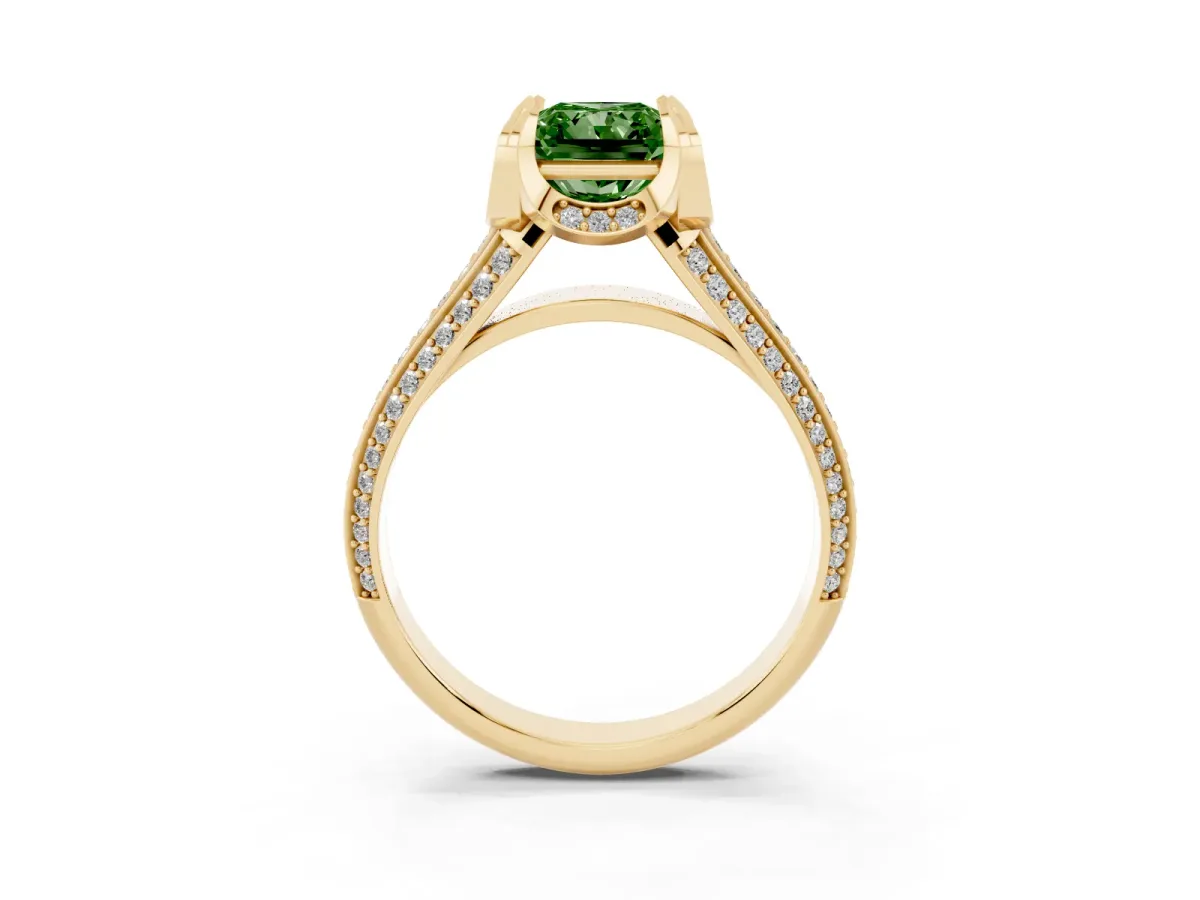Fancy Green Radiant Cut Solitaire Pave Split Shank Ring with Four-Prong Setting Yellow gold