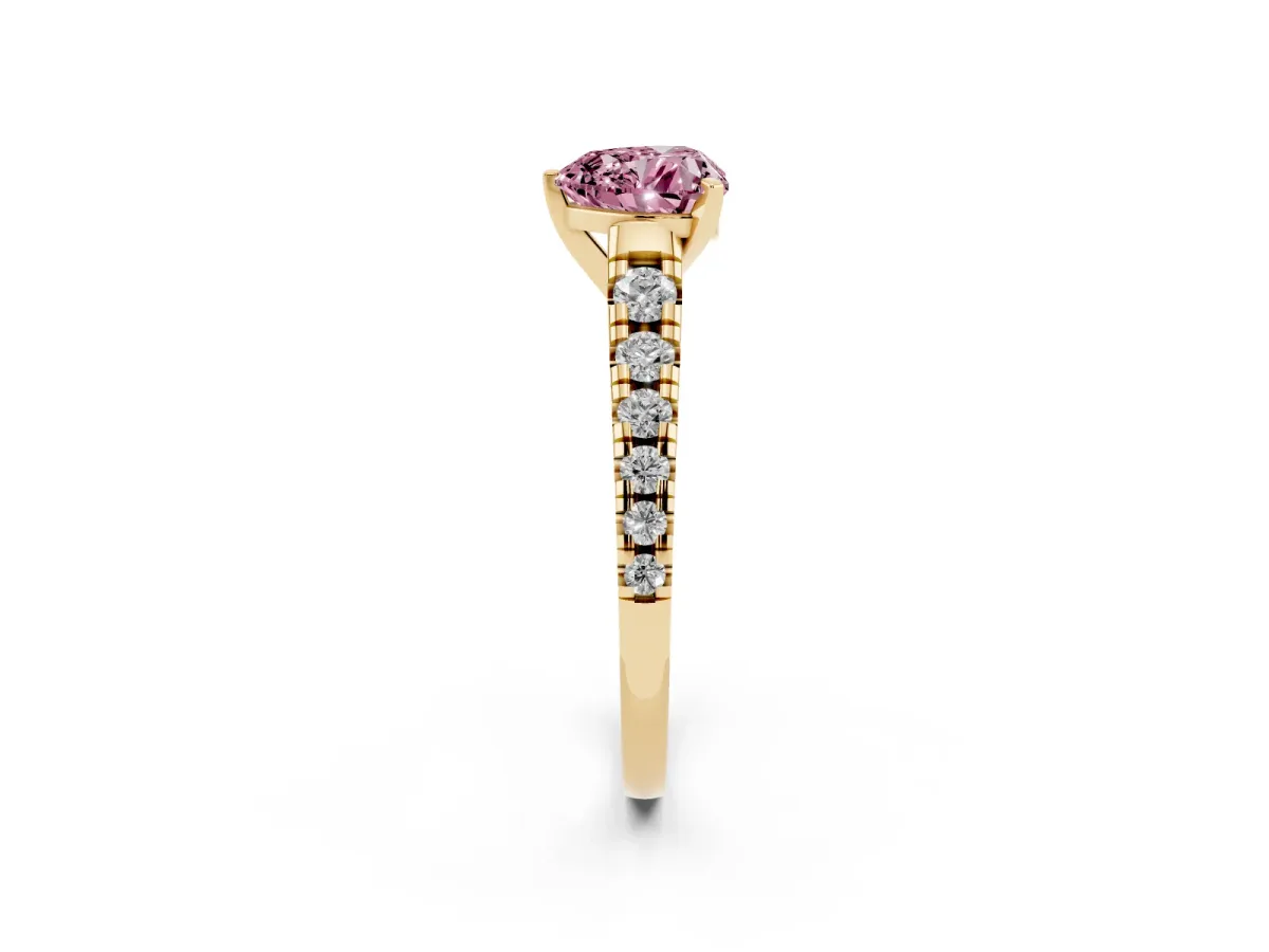 Fancy Pink Heart Cut Diamond Cathedral Solitaire Ring with Round Pavé Band Yellow gold