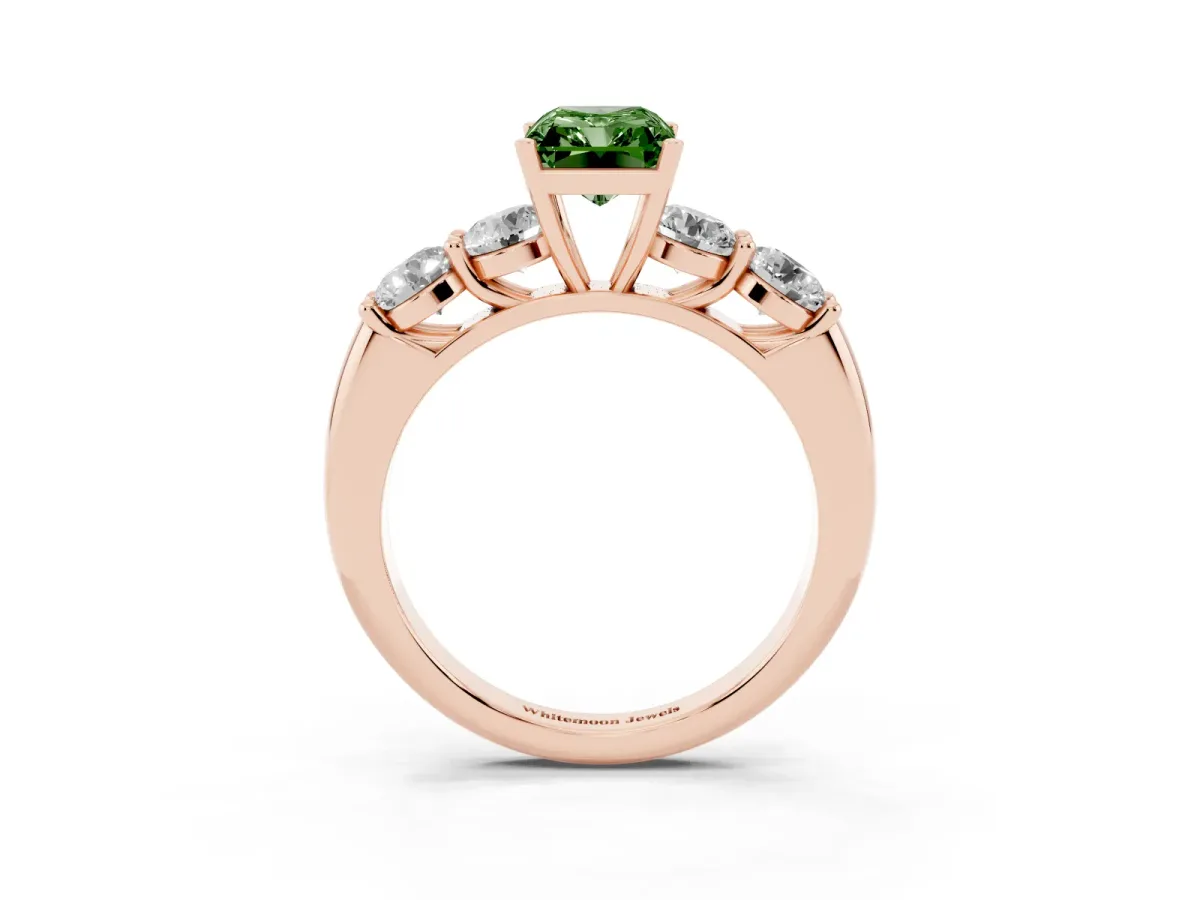 Fancy Green Radiant Cut Cut Five-Stone Prong Set Diamond Ring with Classic Band Rose gold