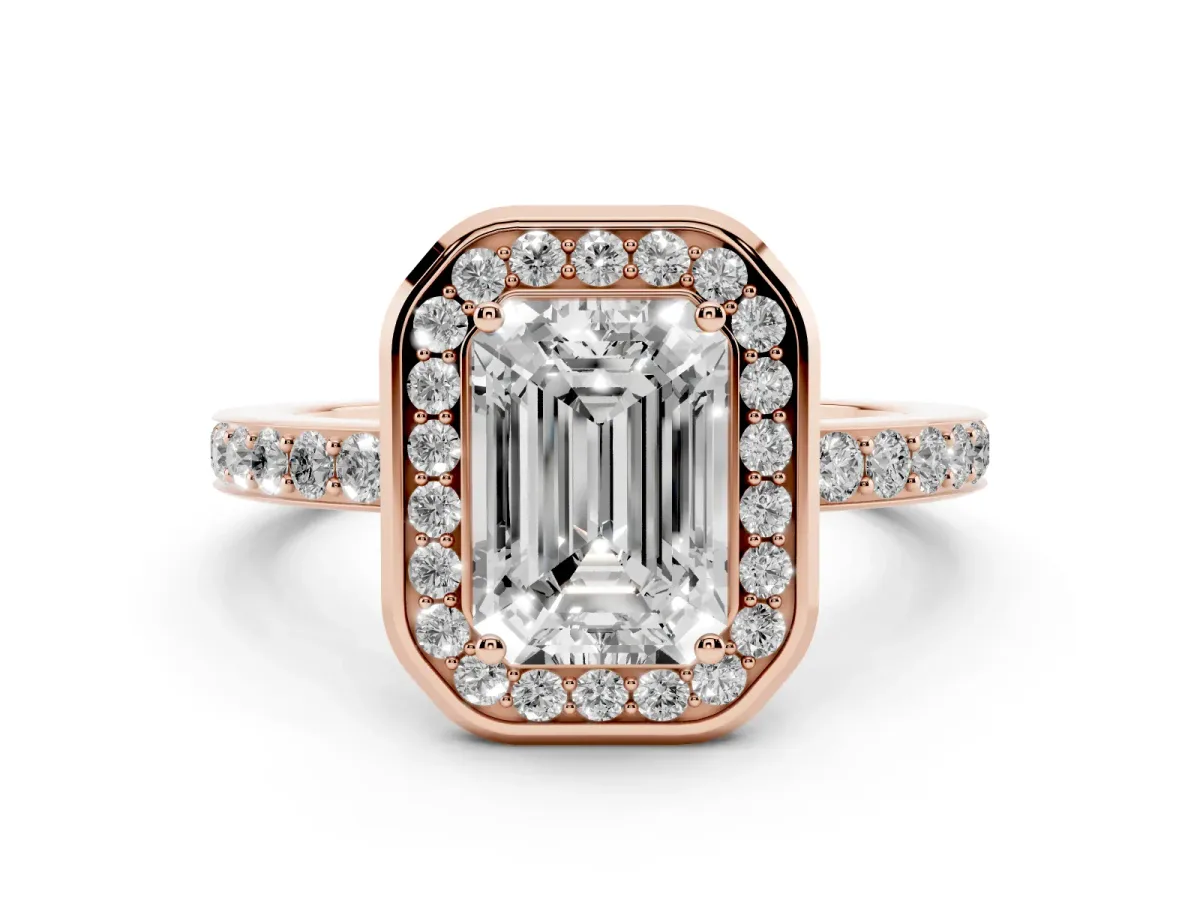 Emerald Cut Diamond Halo Ring with Bezel Frame and Pavé Band Rose gold