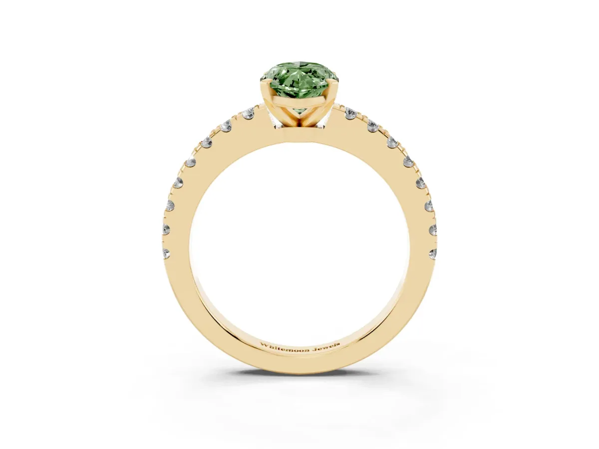 Fancy Green Marquise Cut Solitaire Diamond with Pavé Band and Four-Prong Setting Yellow gold