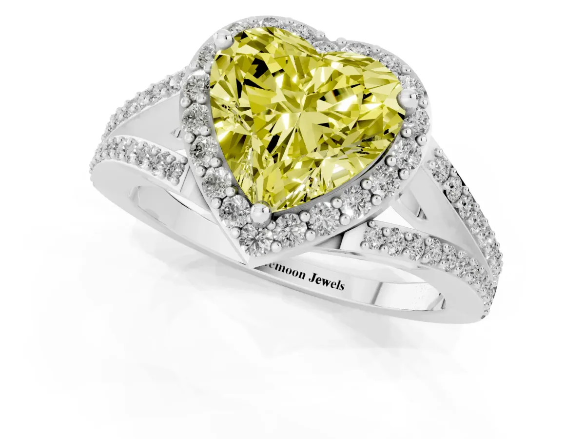 Fancy Yellow Heart Cut Halo Split Shank Diamond Ring with Prong Setting Silver