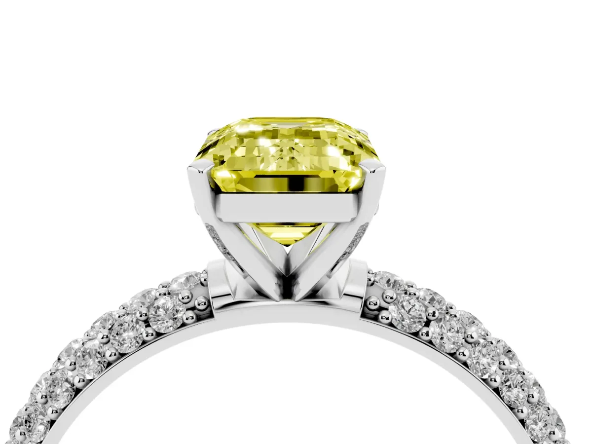 Fancy Yellow Emerald Cut Diamond Solitaire Ring with Prong Setting and Pavé Band Silver