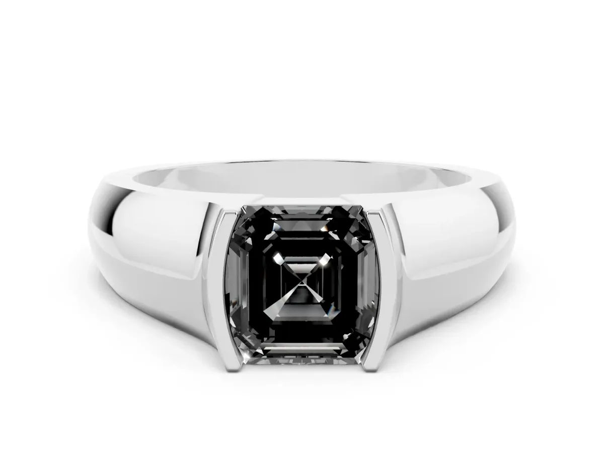 Fancy Black Asscher Cut Solitaire Bezel Set Diamond Ring with Wide Band Platinum