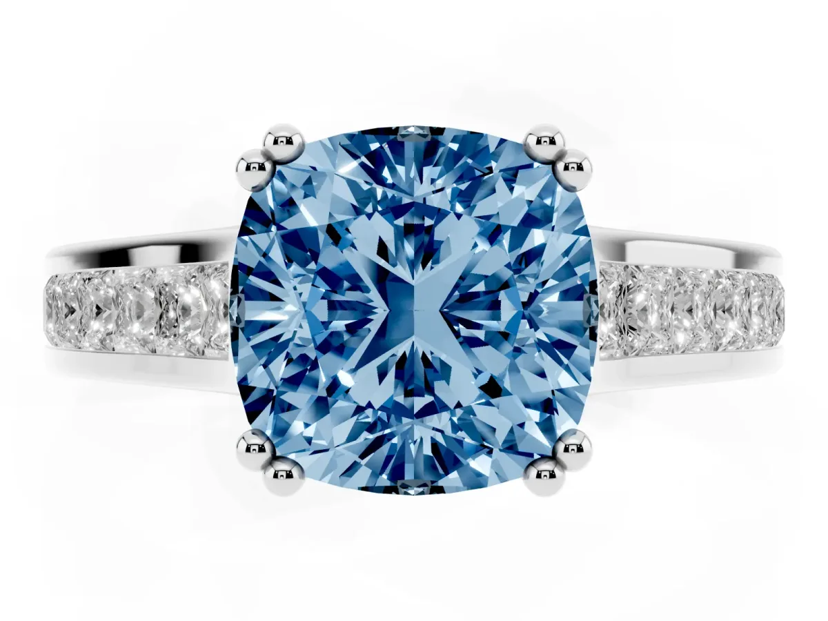 Fancy Blue Cushion Cut Cut Channel Set Solitaire Engagement Ring with Prong Setting Platinum