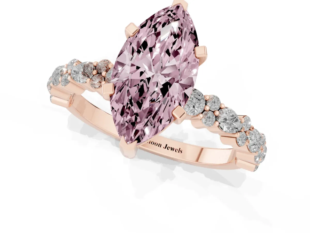 Fancy Pink Marquise Cut Diamond Side Stone Solitaire Ring with Round and Four-Prong Setting Rose gold