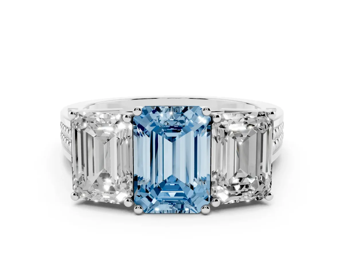Fancy Blue Emerald Cut Diamond Three-Stone Ring with Prong Setting and Textured Band White gold