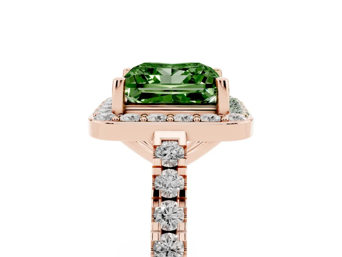 Fancy Green Princess Cut Diamond Halo Ring with Round Pavé Split Shank and Prong Setting Rose gold