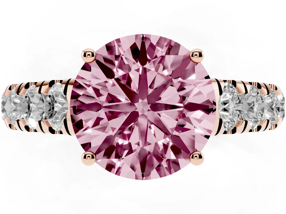 Fancy Pink Round Cut Cut Diamond Solitaire Ring with Micro Pave Band and Prong Setting Rose gold