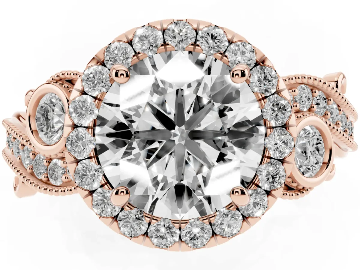 Round Cut Halo Diamond Ring with Milgrain and Bezel Accents on a Split Shank Band Rose gold