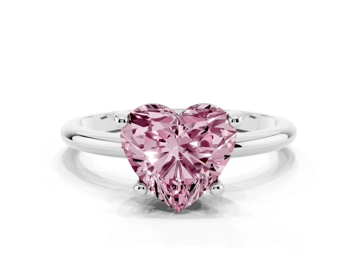 Fancy Pink Heart Cut Solitaire Diamond Ring with 4-Prong Setting on a Classic Band Silver