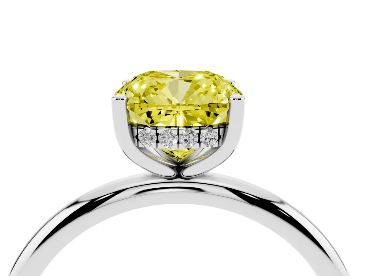 Fancy Yellow Cushion Cut Cut Solitaire Engagement Ring with Four-Prong Setting and Classic Band Silver