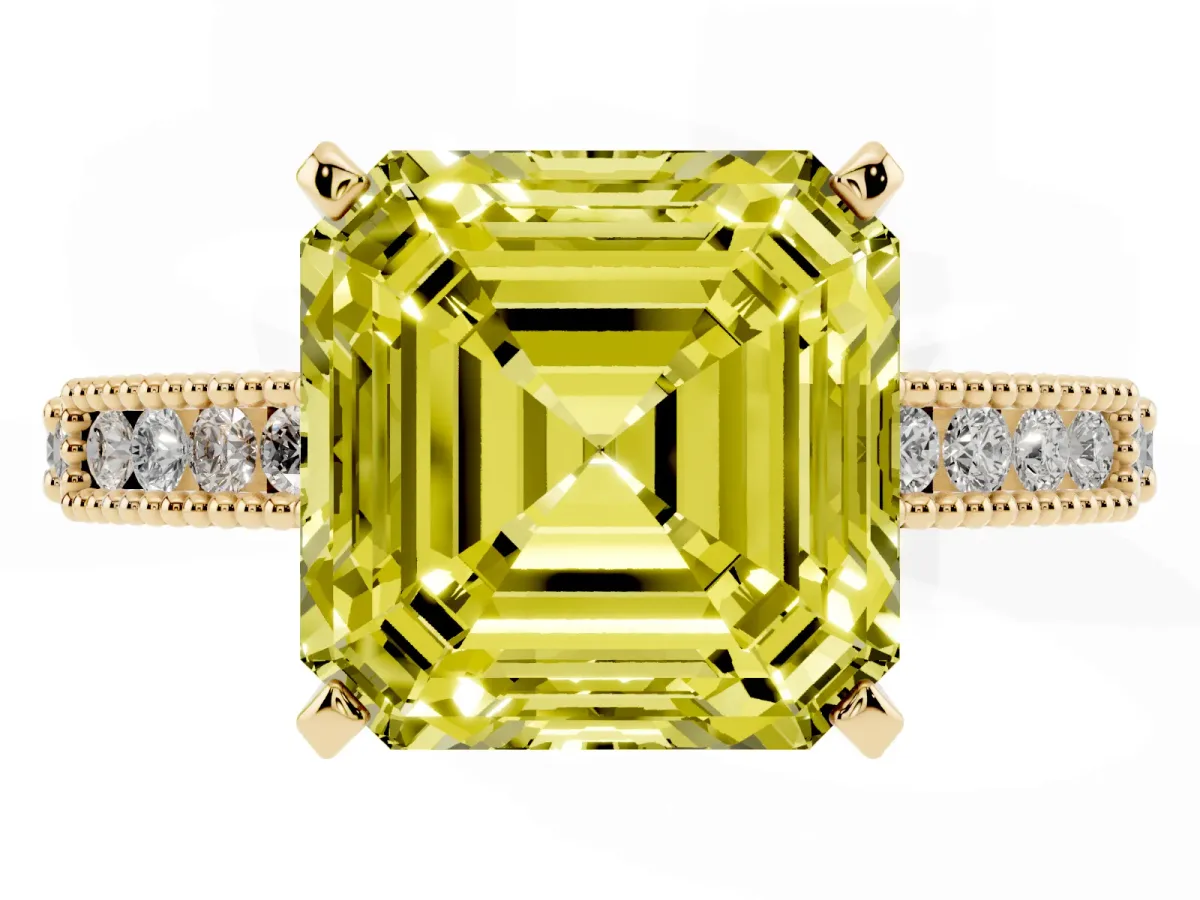 Fancy Yellow Asscher Cut Solitaire with Pavé Band and Four-Prong Setting Yellow gold