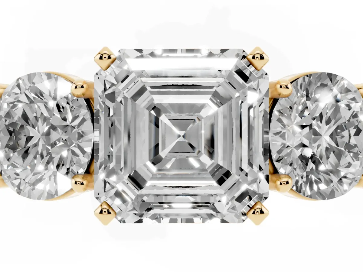 Three-Stone Asscher Cut Diamond Ring with Round Side Stones, Classic Band, and Four-Prong Setting Yellow gold