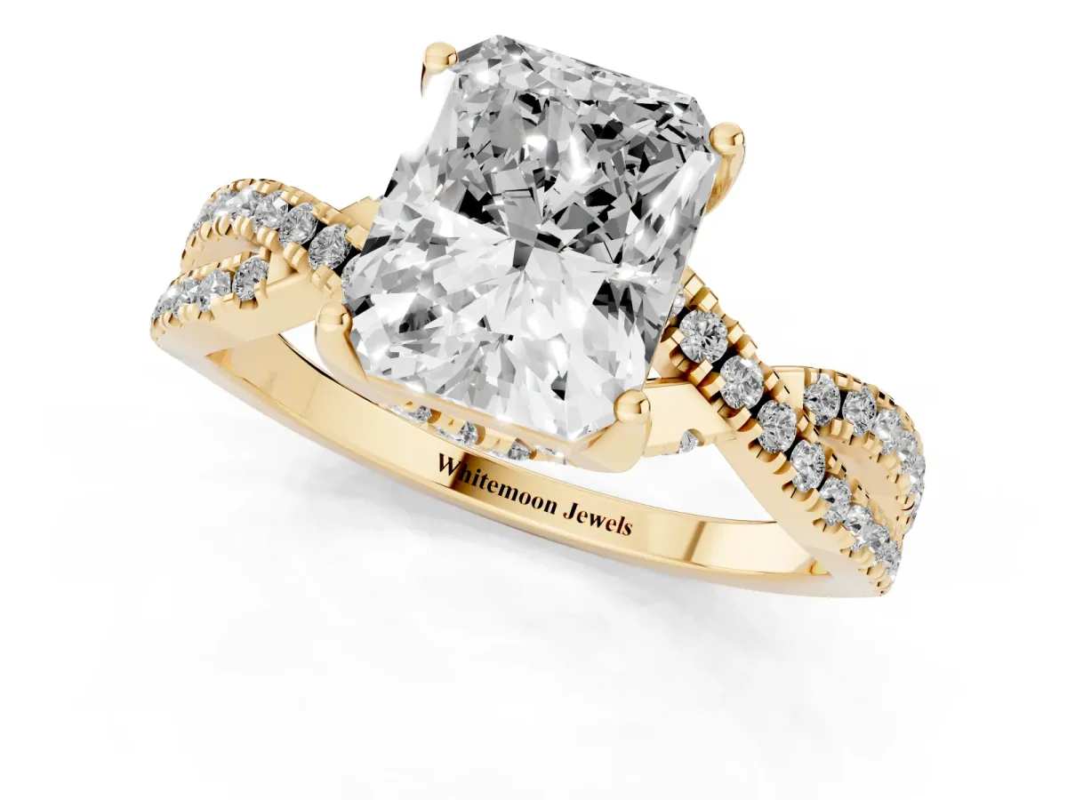 Radiant Cut Solitaire Twist Pave Diamond Engagement Ring with Prong Setting Yellow gold