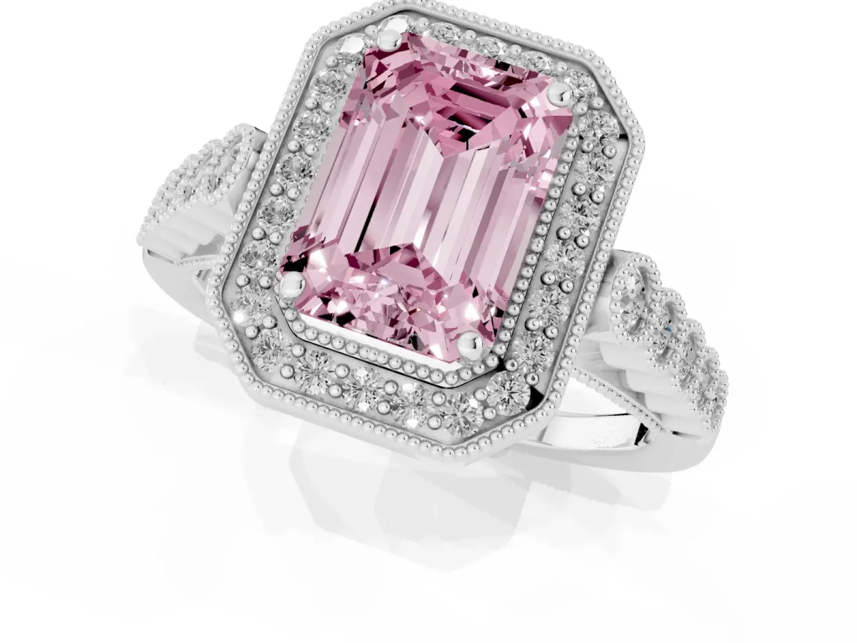 Fancy Pink Emerald Cut Halo Milgrain Solitaire with Bezel Set Side Stones and Pave Band White gold