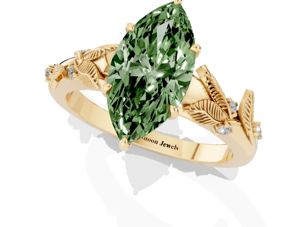 Fancy Green Marquise Cut Diamond Solitaire Ring with Leaf Motif Band and Four-Prong Setting Yellow gold