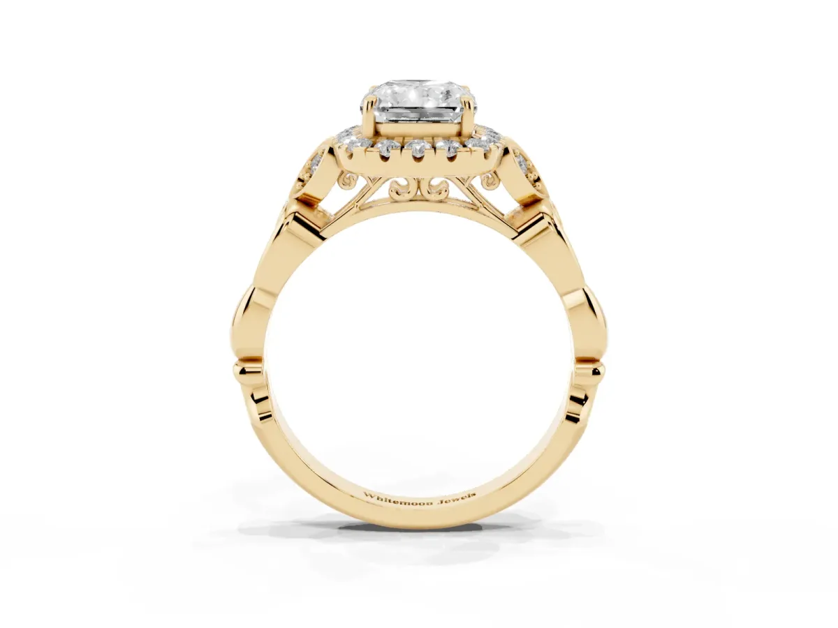 Radiant Cut Halo Diamond Engagement Ring with Vintage-Inspired Band and Four-Prong Setting Yellow gold