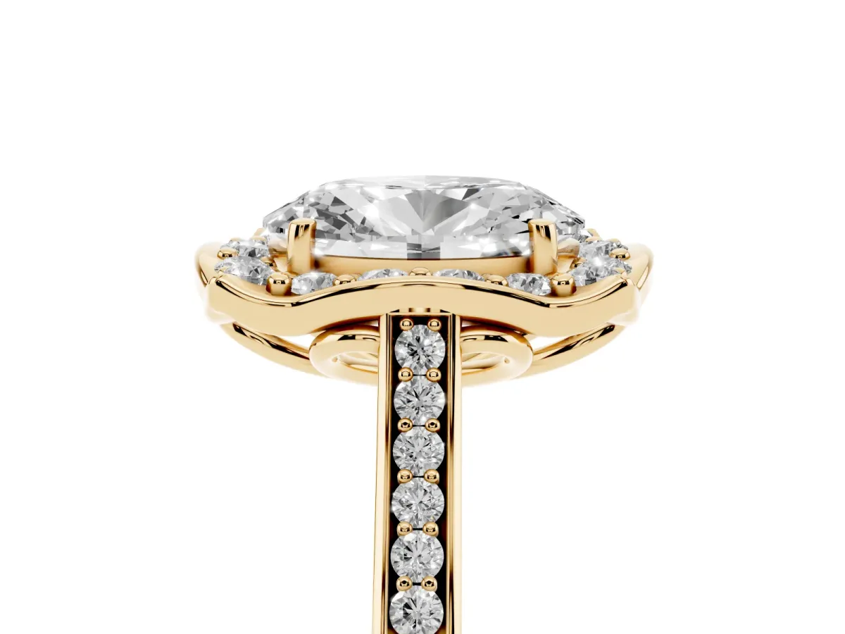 Oval Cut Halo Round Diamond Pave Band with Four-Prong Setting Yellow gold