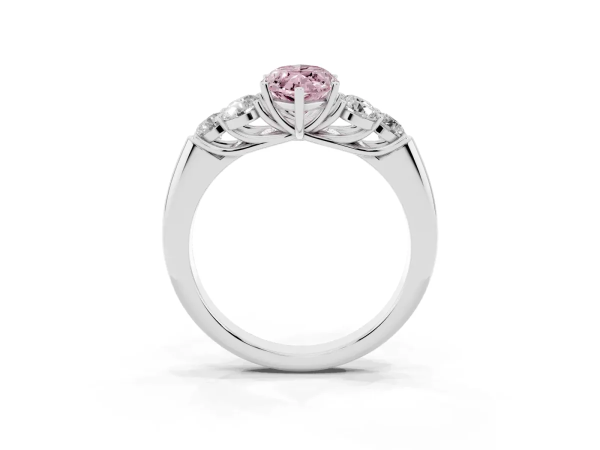 Fancy Pink Marquise Cut Cut Diamond Cluster Ring with Round Accent Stones and Prong Setting on a Classic Band Platinum