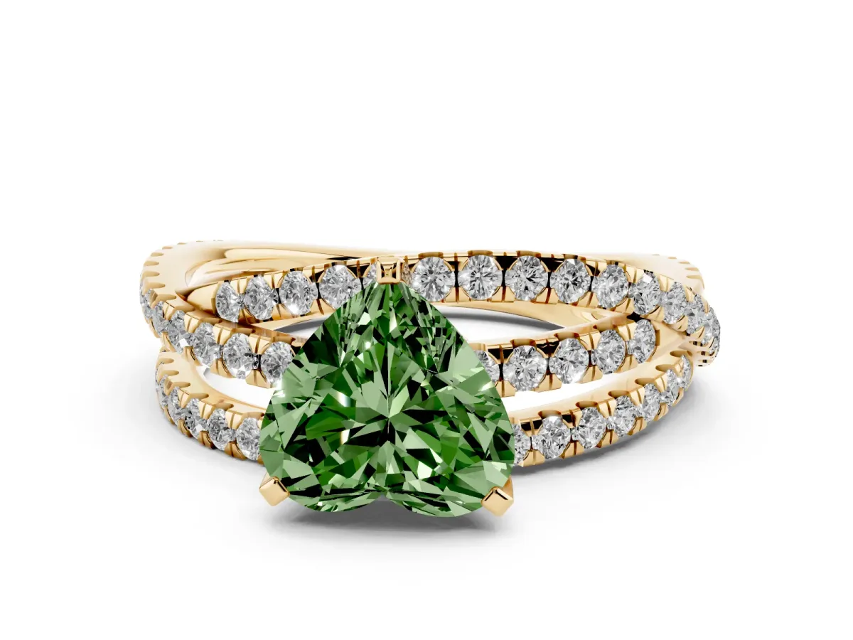Fancy Green Heart Cut Solitaire Twist Band with Pavé Setting and Four-Prong Setting Yellow gold